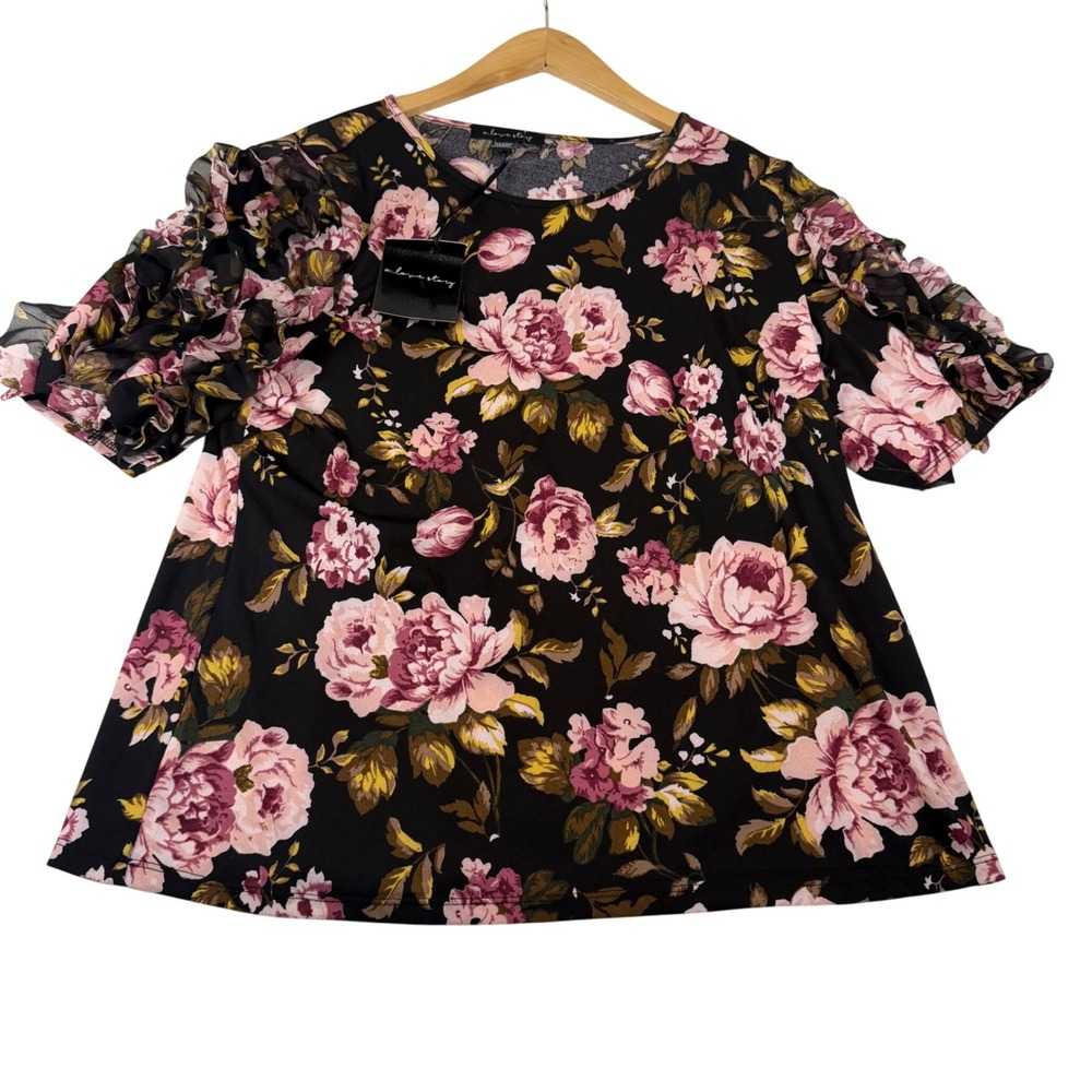 A Love Story Black Mauve Floral Ruffle Sleeve Knit Top XL M75626Y